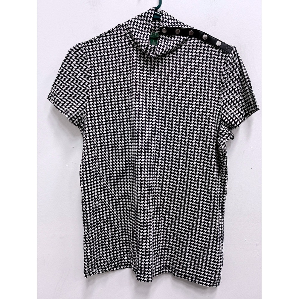 Lauren Ralph Lauren Top Womens Large Black White Houndstooth Button Shoulder